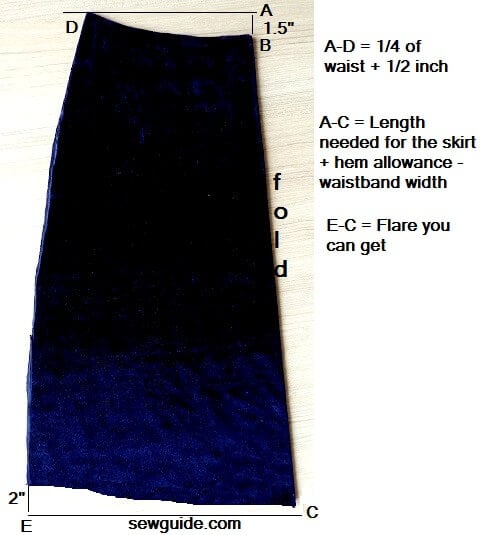 fold fabric and mark the aline skirt pattern