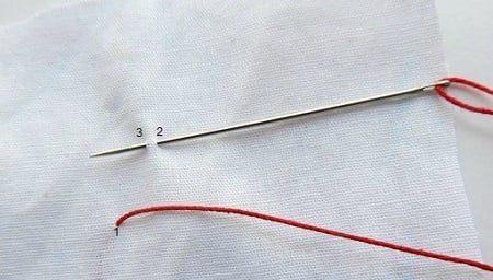 take a small stitch a little ahead of where the needle emerged for sewing thearrowhead stitch