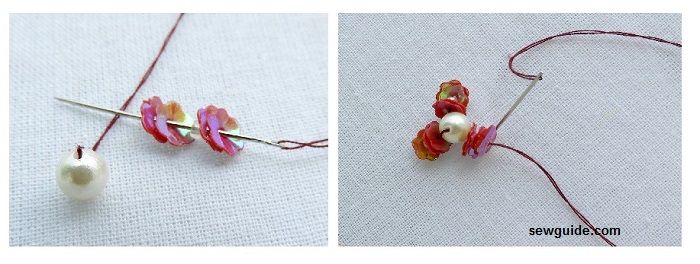 Attach one pearl bead and then take 3 sequins on the needle. Bring it down close to the middle bead 
