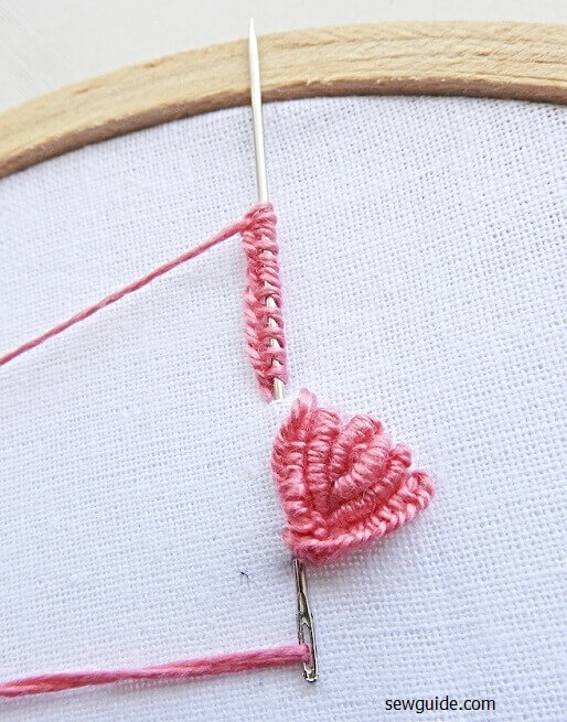 make cast on stitches arounthe bullion stitches - rose flowers embroidery