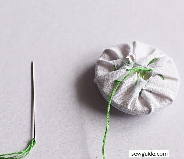 The fabric fully gathered at the back.