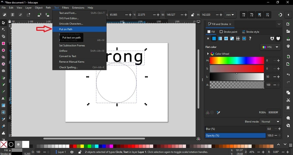 inkscape button to roate the words - press "Put on Path"