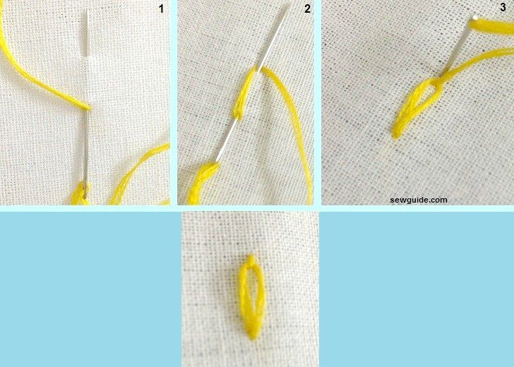 Step by step way to make lazy daisy stitch - A long loop stitch is made and it is secured at the top with a straight stitch