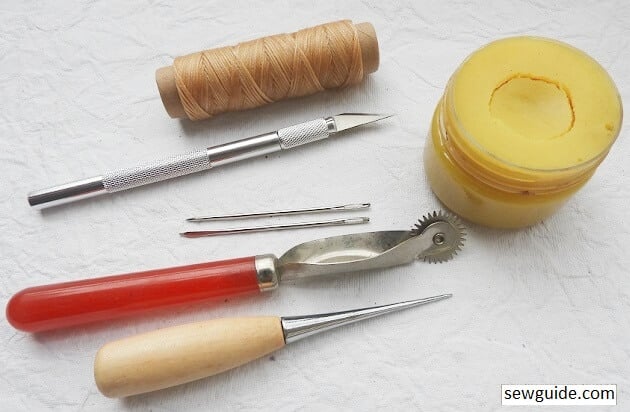 leather hand sewing supplies - thread, beeswax, awl, leather sewing needles