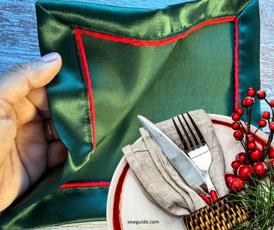 piped and mitered xmas napkin