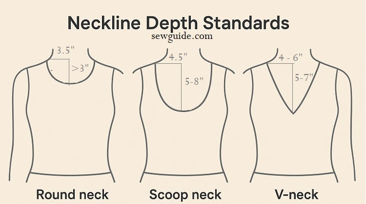 Neckline depth and width standards for round, scoop and v necklines