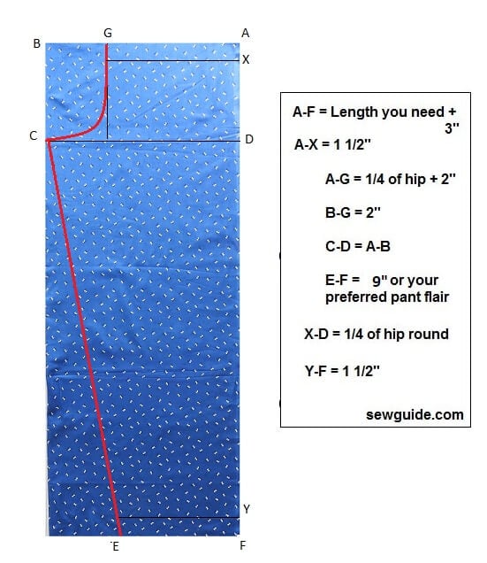 cut out the pattern piece for the pants on a folded piece of fabric which has a length of your pant length plus 3 inches