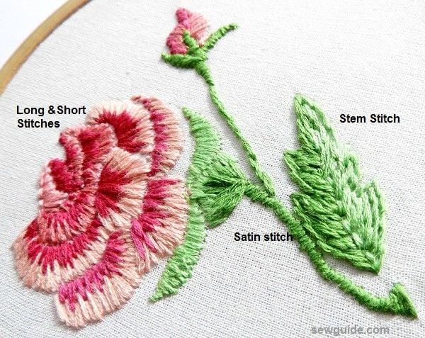 stem stitches, satin stitches are used to fill the stem and leaves