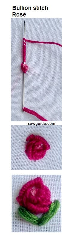 Bullion stitch knots worked around a point to form a rose with a 3-d effect