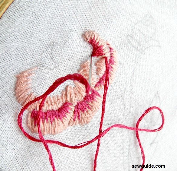 rose embroidery done with long and short stitches