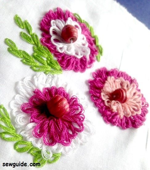 rosette chain stitch worked to look like roses 