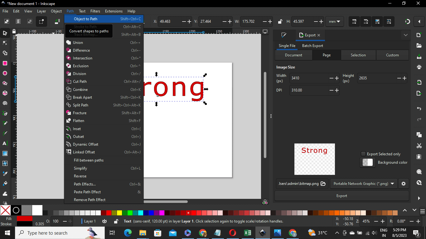 inkscape button to change the font size of one letter or alter