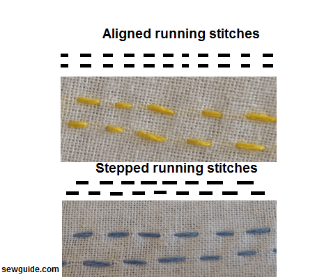 running stitch - aligned running stitches and stepped running stitches for kantha work